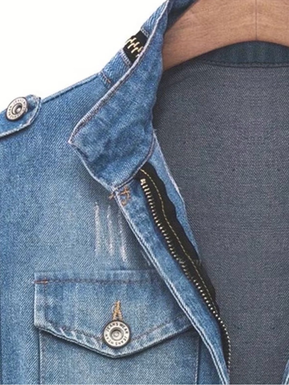Saks Fifth Avenue Distressed Blue Denim Jacket with Front Zip - Picture 5 of 7